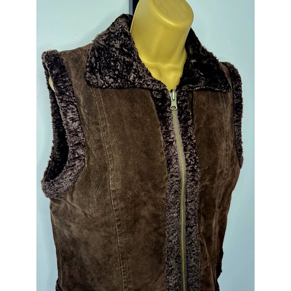 Brown Suede Leather Sherpa Lined Vest Womens Med Outdoors Zip Equestrian Hiking